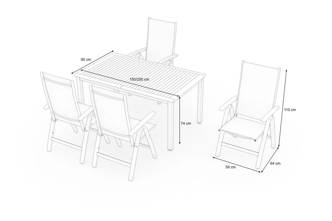 VILLANA Garten-Essgruppe mit 4 Klappstühlen, silber, Alu/Eukalyptus, ausziehbarer Tisch 150/200 x 90 cm, FSC®-zertifiziertes Produkt