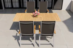 VILLANA Garten-Essgruppe mit 4 Klappstühlen, silber, Alu/Eukalyptus, ausziehbarer Tisch 150/200 x 90 cm, FSC®-zertifiziertes Produkt