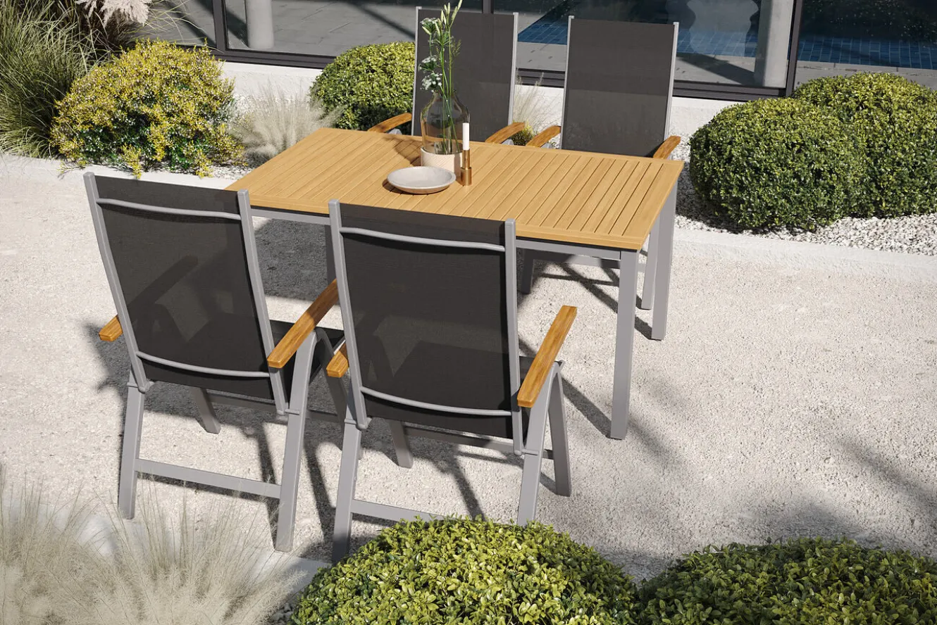 VILLANA Garten-Essgruppe mit 4 Klappstühlen, silber, Alu/Eukalyptus, ausziehbarer Tisch 150/200 x 90 cm, FSC®-zertifiziertes Produkt