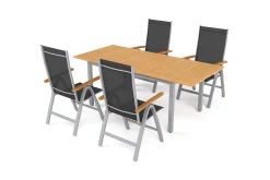VILLANA Garten-Essgruppe mit 4 Klappstühlen, silber, Alu/Eukalyptus, ausziehbarer Tisch 150/200 x 90 cm, FSC®-zertifiziertes Produkt