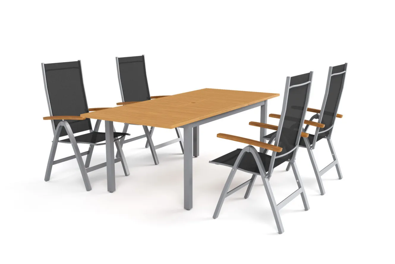 VILLANA Garten-Essgruppe mit 4 Klappstühlen, silber, Alu/Eukalyptus, ausziehbarer Tisch 150/200 x 90 cm, FSC®-zertifiziertes Produkt