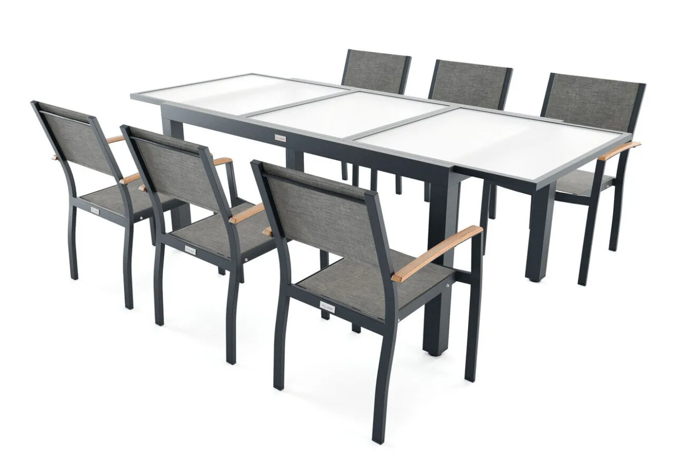 VILLANA Garten-Essgruppe mit 6 Sesseln, anthrazit/grau, Alu/Glas, Tisch ca. 160/220 x 90 cm, ausziehbar, witterungsbeständig, FSC®-zertifiziertes Produkt