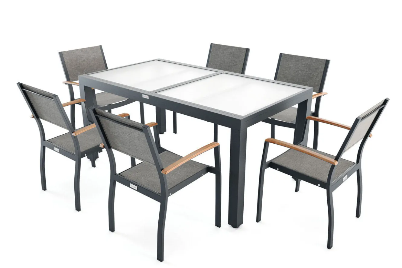 VILLANA Garten-Essgruppe mit 6 Sesseln, anthrazit/grau, Alu/Glas, Tisch ca. 160/220 x 90 cm, ausziehbar, witterungsbeständig, FSC®-zertifiziertes Produkt