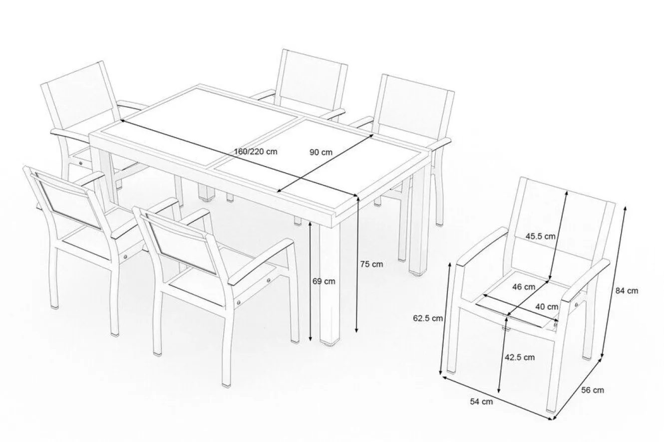 VILLANA Garten-Essgruppe mit 6 Sesseln, anthrazit/grau, Alu/Glas, Tisch ca. 160/220 x 90 cm, ausziehbar, witterungsbeständig, FSC®-zertifiziertes Produkt
