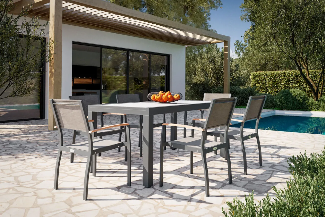 VILLANA Garten-Essgruppe mit 6 Sesseln, anthrazit/grau, Alu/Glas, Tisch ca. 160/220 x 90 cm, ausziehbar, witterungsbeständig, FSC®-zertifiziertes Produkt