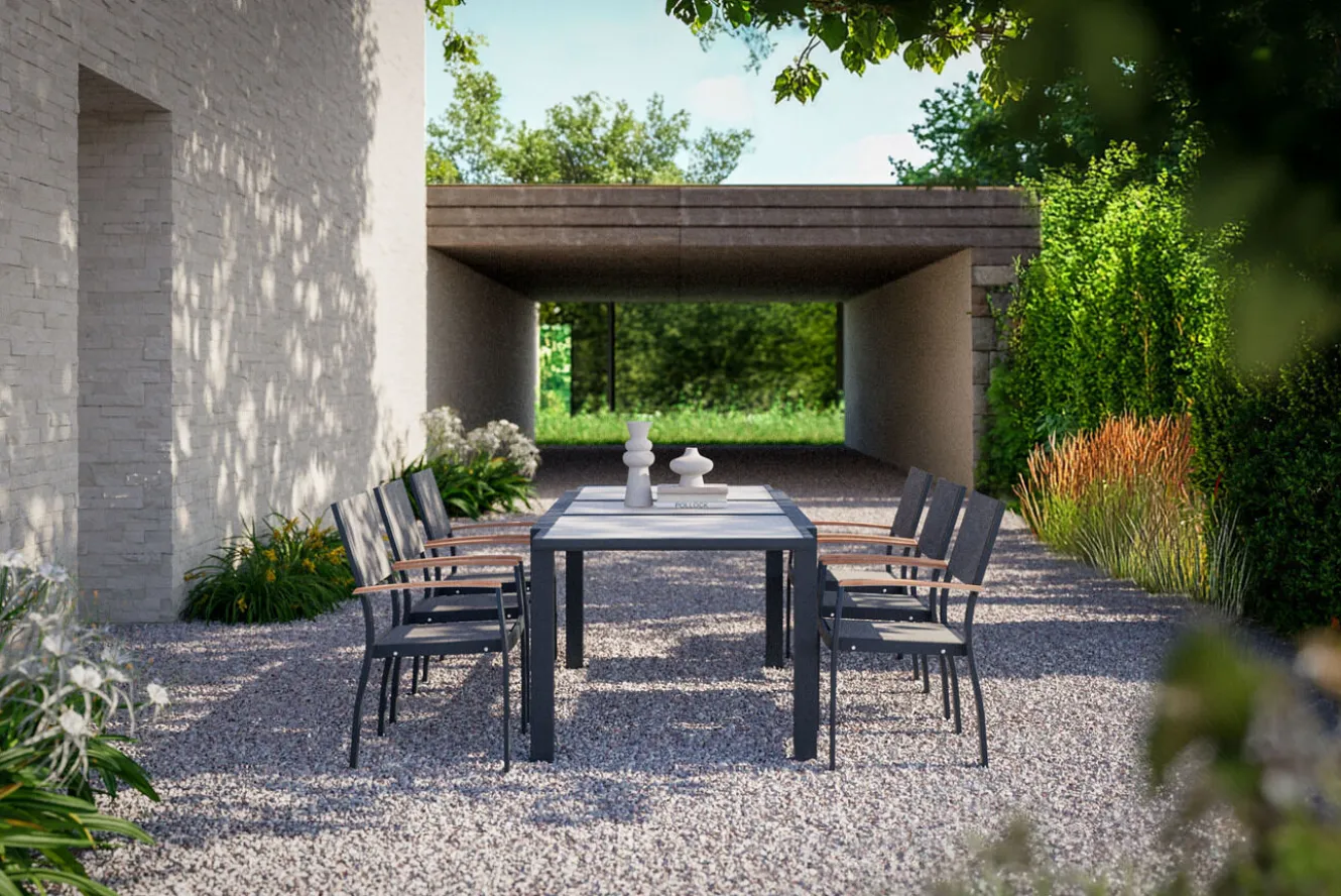 VILLANA Garten-Essgruppe mit 6 Sesseln, anthrazit/grau, Alu/Glas, Tisch ca. 160/220 x 90 cm, ausziehbar, witterungsbeständig, FSC®-zertifiziertes Produkt