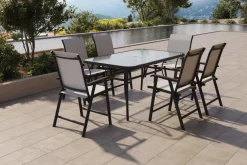VILLANA Garten-Essgruppe mit 6 Klappstühlen, schwarz, Stahl/Textilene, Esstisch 150 x 90 cm