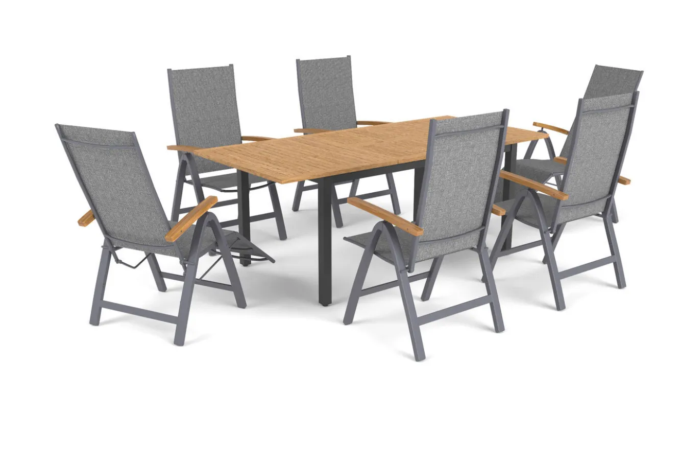 VILLANA Garten-Essgruppe, naturbelassen/anthrazit, Alu/Eukalyptus, Tisch 150/200 x 90 cm, 6 Sitzplätze, ausziehbar, FSC®-zertifiziertes Produkt