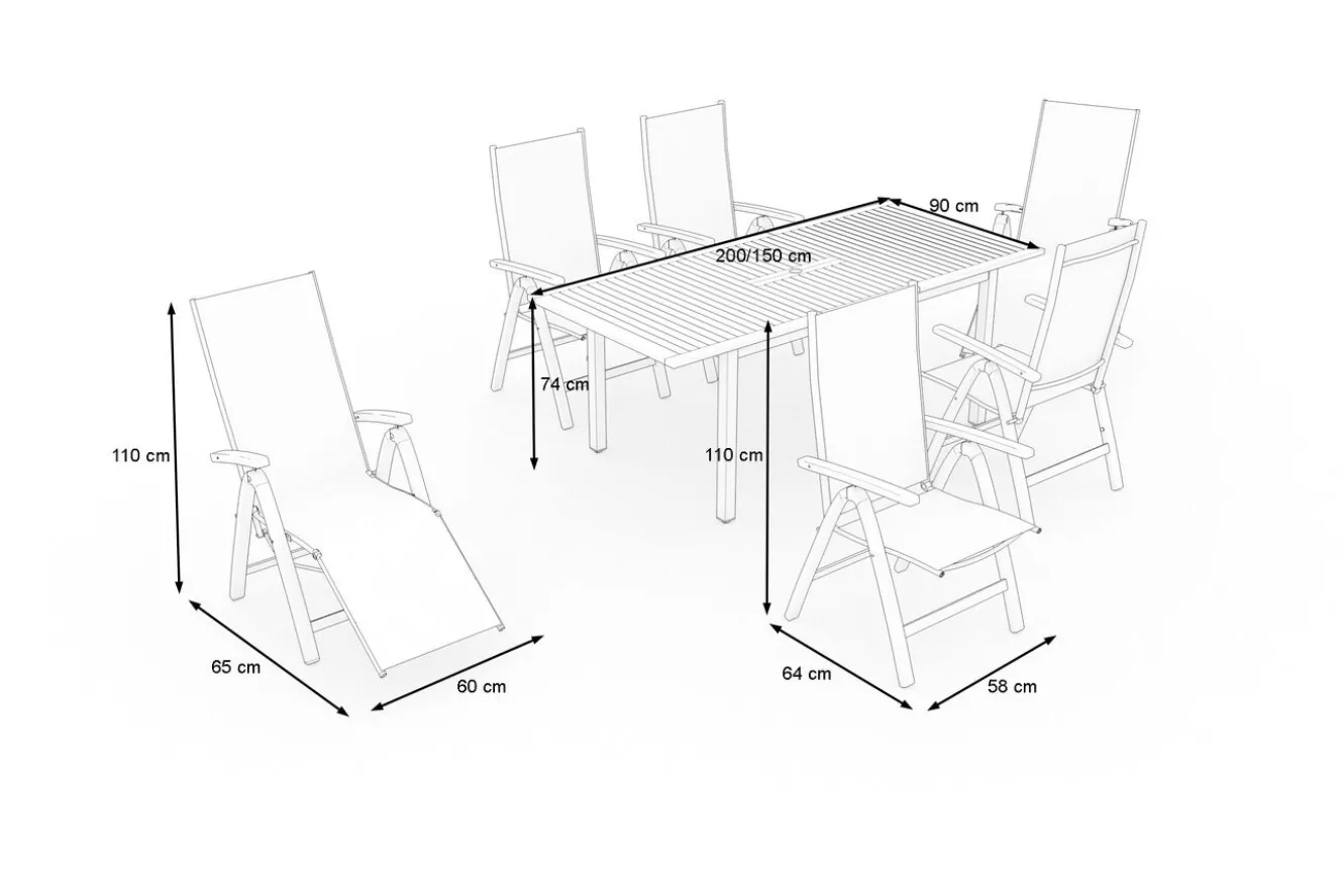 VILLANA Garten-Essgruppe, naturbelassen/anthrazit, Alu/Eukalyptus, Tisch 150/200 x 90 cm, 6 Sitzplätze, ausziehbar, FSC®-zertifiziertes Produkt