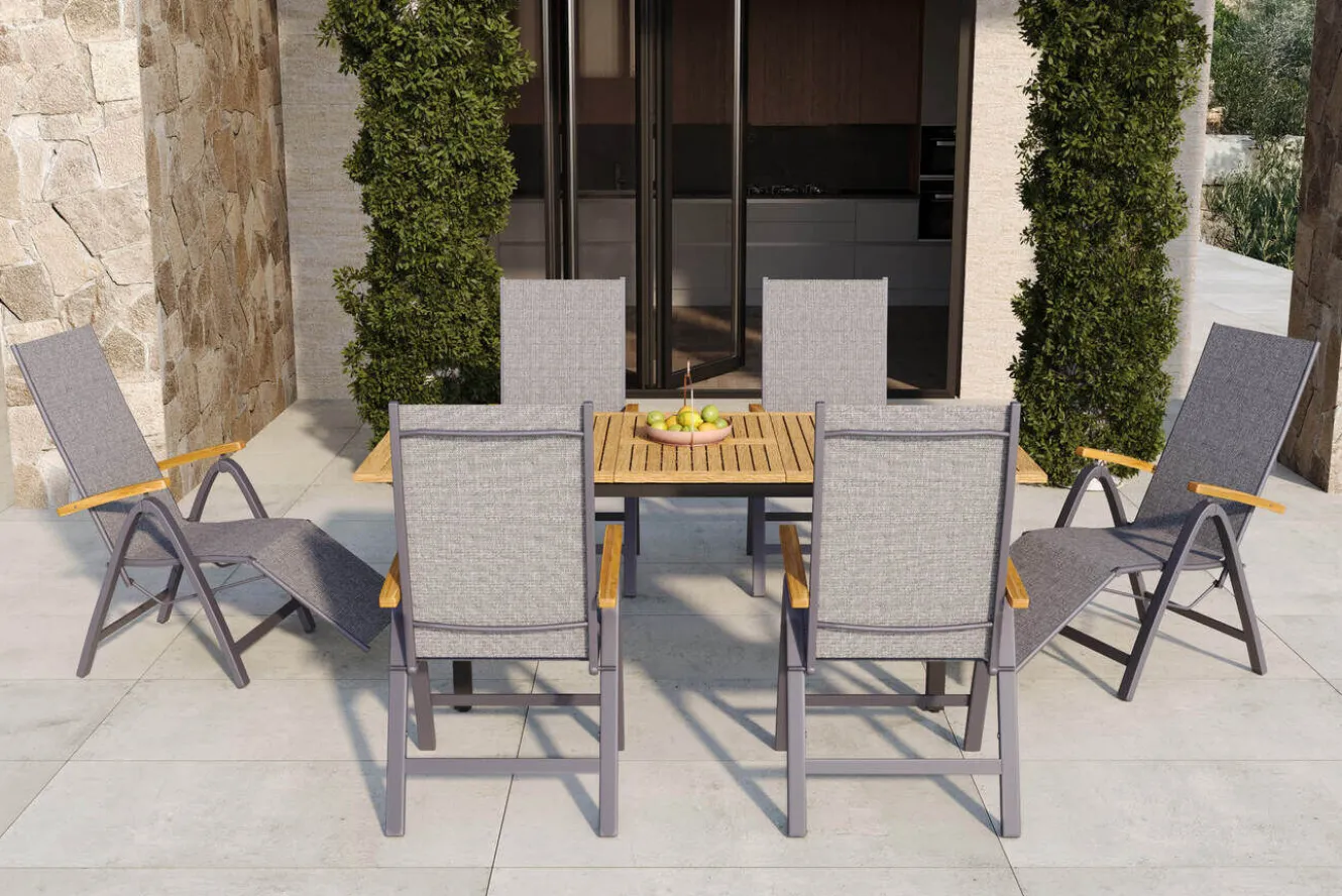 VILLANA Garten-Essgruppe, naturbelassen/anthrazit, Alu/Eukalyptus, Tisch 150/200 x 90 cm, 6 Sitzplätze, ausziehbar, FSC®-zertifiziertes Produkt