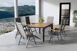 VILLANA Garten-Essgruppe, naturbelassen/anthrazit, Alu/Eukalyptus, Tisch 150/200 x 90 cm, 6 Sitzplätze, ausziehbar, FSC®-zertifiziertes Produkt