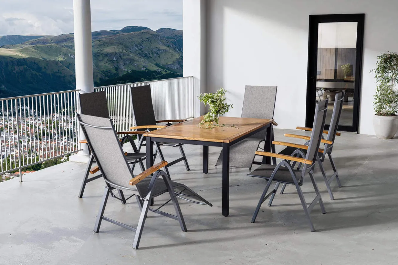 VILLANA Garten-Essgruppe, naturbelassen/anthrazit, Alu/Eukalyptus, Tisch 150/200 x 90 cm, 6 Sitzplätze, ausziehbar, FSC®-zertifiziertes Produkt