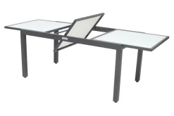 VILLANA Garten-Essgruppe, 6 Personen, ausziehbarer Tisch 160–220 cm, Aluminium/Glas/Eukalyptus