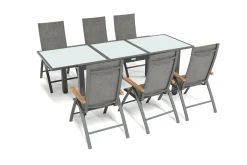 VILLANA Garten-Essgruppe, 6 Personen, ausziehbarer Tisch 160–220 cm, Aluminium/Glas/Eukalyptus