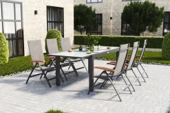VILLANA Garten-Essgruppe, 6 Personen, ausziehbarer Tisch 160–220 cm, Aluminium/Glas/Eukalyptus