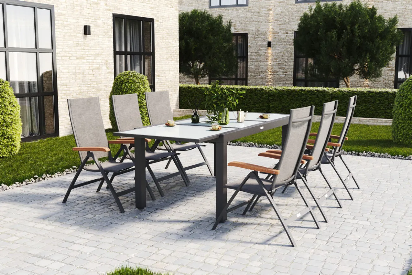 VILLANA Garten-Essgruppe, 6 Personen, ausziehbarer Tisch 160–220 cm, Aluminium/Glas/Eukalyptus