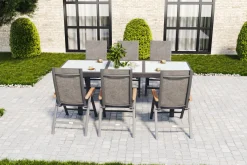 VILLANA Garten-Essgruppe, 6 Personen, ausziehbarer Tisch 160–220 cm, Aluminium/Glas/Eukalyptus