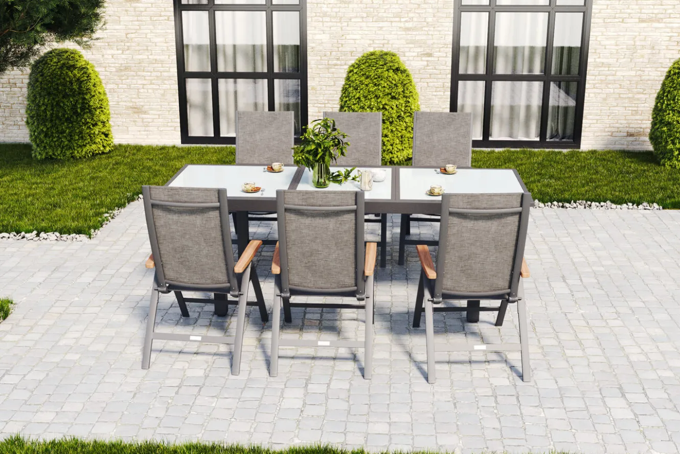 VILLANA Garten-Essgruppe, 6 Personen, ausziehbarer Tisch 160–220 cm, Aluminium/Glas/Eukalyptus