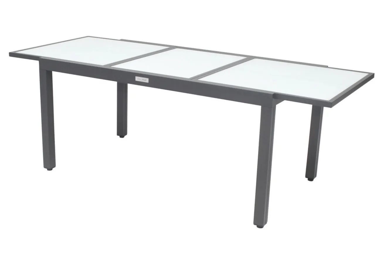 VILLANA Garten-Essgruppe, 6 Personen, ausziehbarer Tisch 160–220 cm, Aluminium/Glas/Eukalyptus