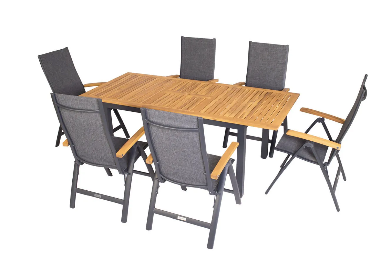 Villana Garten-Essgruppe, 6 Personen, ausziehbarer Tisch 150–200 cm, Aluminium /Eukalyptusholz FSC®-zertifiziert