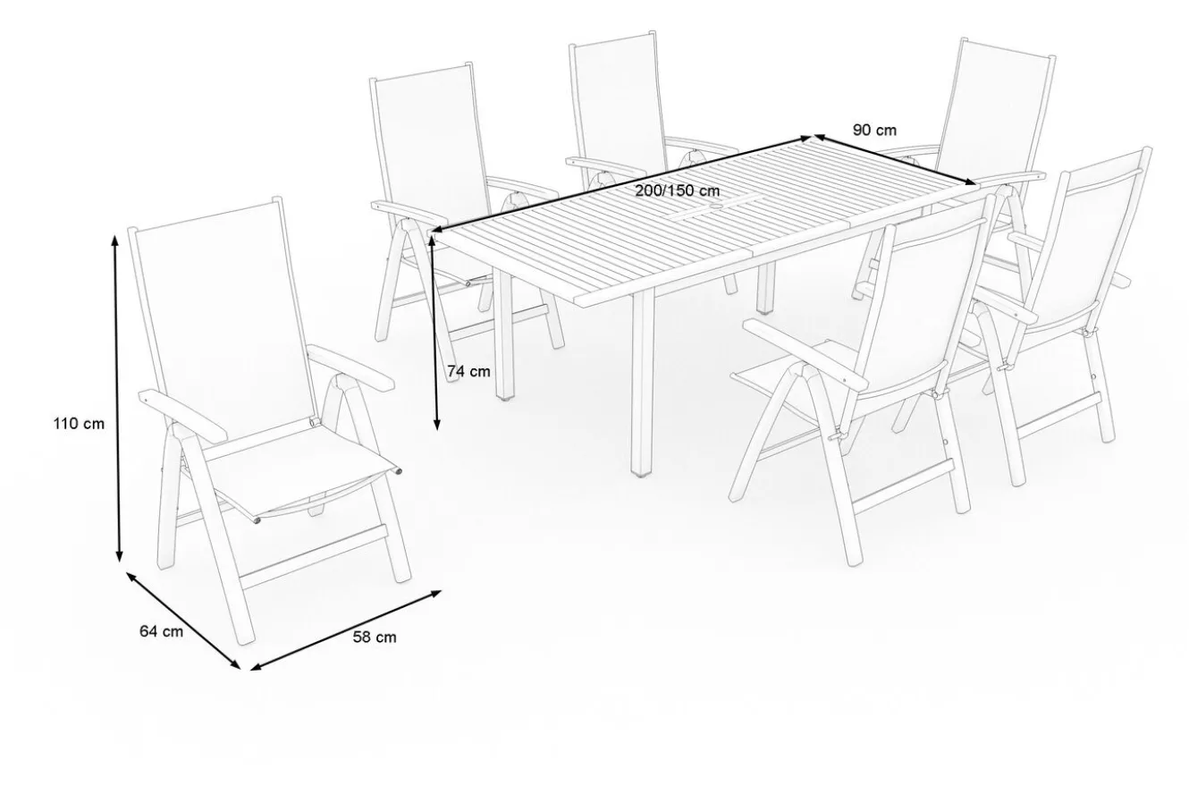 Villana Garten-Essgruppe, 6 Personen, ausziehbarer Tisch 150–200 cm, Aluminium /Eukalyptusholz FSC®-zertifiziert