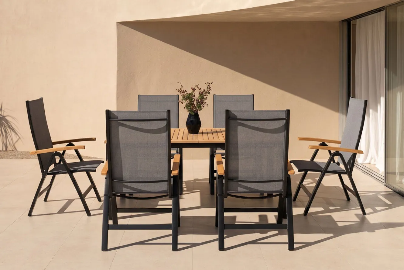 Villana Garten-Essgruppe, 6 Personen, ausziehbarer Tisch 150–200 cm, Aluminium /Eukalyptusholz FSC®-zertifiziert