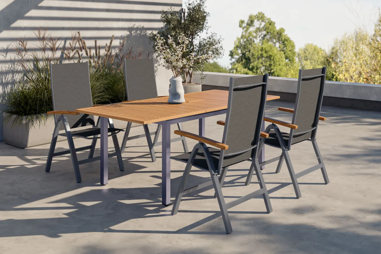 VILLANA Garten-Essgruppe, schwarz/grau, Aluminium/Eukalyptus, Tisch 150/200 x 90 cm, 4 Klappstühle, robust, ausziehbar, witterungsbeständig, FSC®-zertifiziertes Produkt