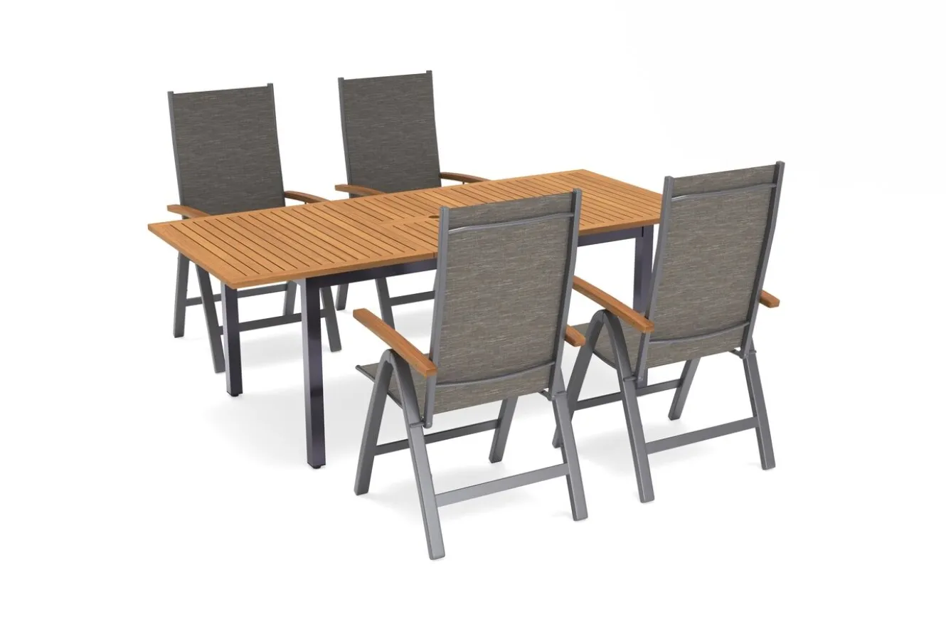 VILLANA Garten-Essgruppe, schwarz/grau, Aluminium/Eukalyptus, Tisch 150/200 x 90 cm, 4 Klappstühle, robust, ausziehbar, witterungsbeständig, FSC®-zertifiziertes Produkt