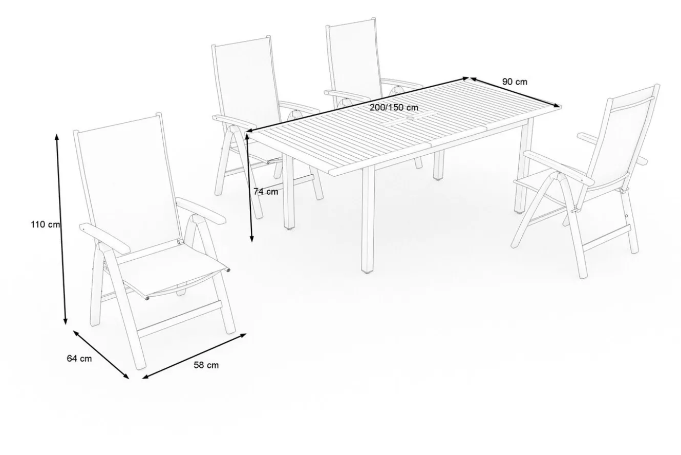 VILLANA Garten-Essgruppe, schwarz/grau, Aluminium/Eukalyptus, Tisch 150/200 x 90 cm, 4 Klappstühle, robust, ausziehbar, witterungsbeständig, FSC®-zertifiziertes Produkt