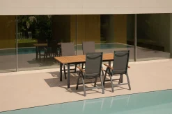 VILLANA Garten-Essgruppe, schwarz/grau, Aluminium/Eukalyptus, Tisch 150/200 x 90 cm, 4 Klappstühle, robust, ausziehbar, witterungsbeständig, FSC®-zertifiziertes Produkt
