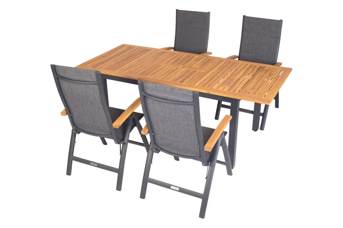 VILLANA Garten-Essgruppe, schwarz/grau, Aluminium/Eukalyptus, Tisch 150/200 x 90 cm, 4 Klappstühle, robust, ausziehbar, witterungsbeständig, FSC®-zertifiziertes Produkt