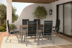 VILLANA Garten-Essgruppe, silber/schwarz, Alu / Akazie, Gartentisch 150 x 90 cm, 6 Klappstühle, FSC®-zertifiziertes Produkt