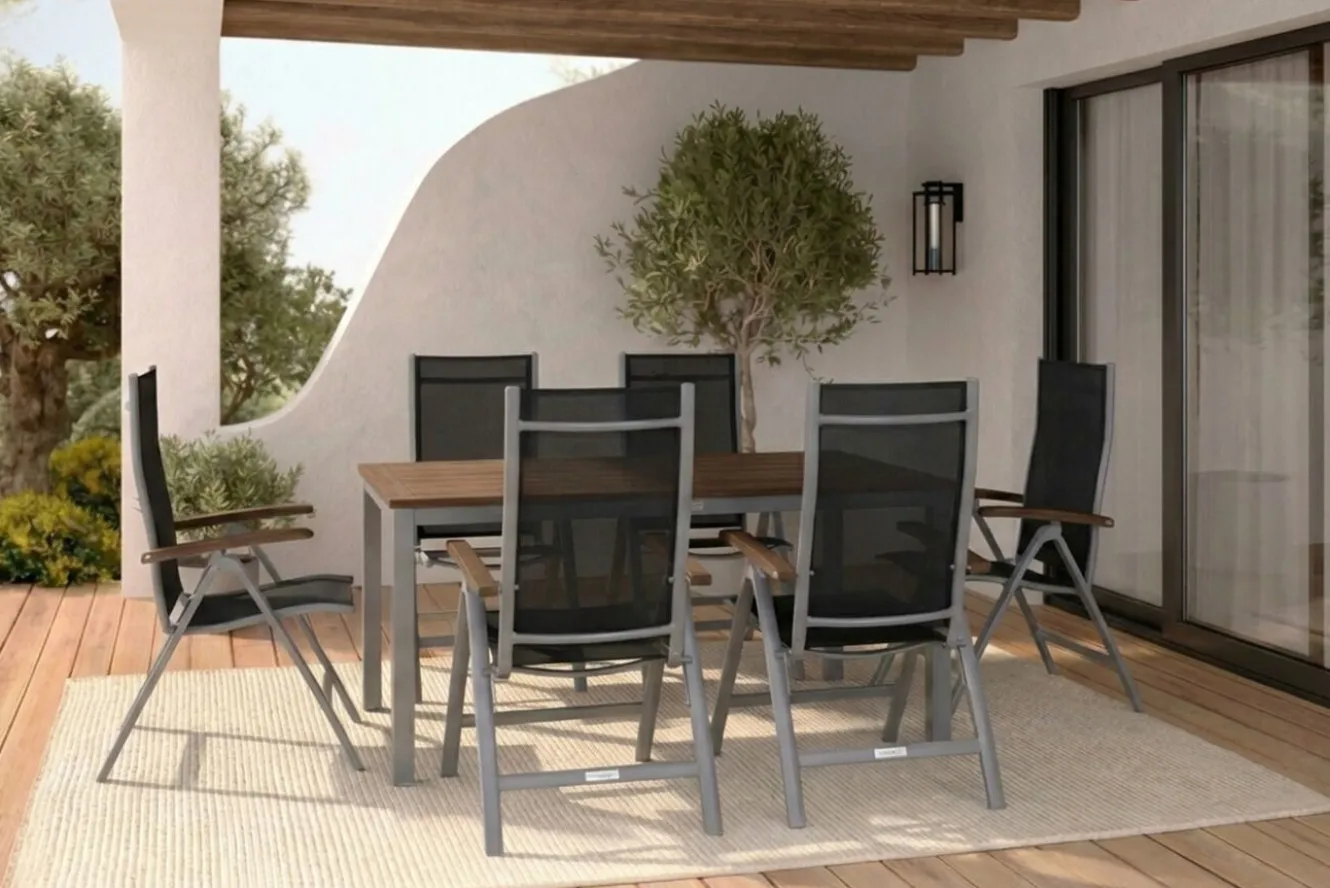 VILLANA Garten-Essgruppe, silber/schwarz, Alu / Akazie, Gartentisch 150 x 90 cm, 6 Klappstühle, FSC®-zertifiziertes Produkt