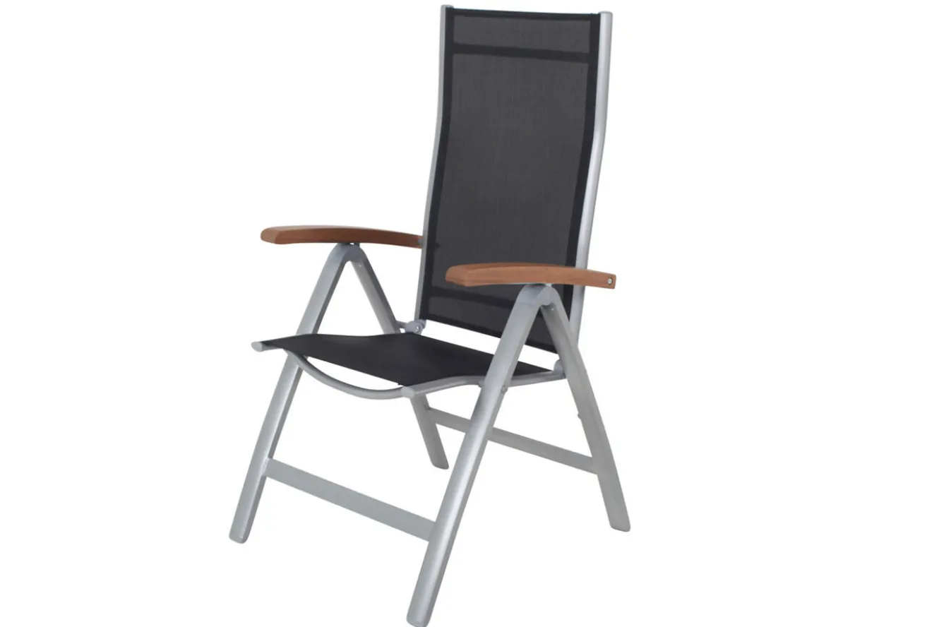 VILLANA Garten-Essgruppe, silber/schwarz, Alu / Akazie, Gartentisch 150 x 90 cm, 6 Klappstühle, FSC®-zertifiziertes Produkt