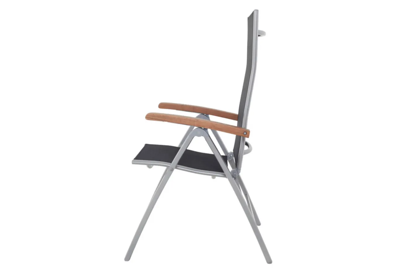 VILLANA Garten-Essgruppe, silber/schwarz, Alu / Akazie, Gartentisch 150 x 90 cm, 6 Klappstühle, FSC®-zertifiziertes Produkt