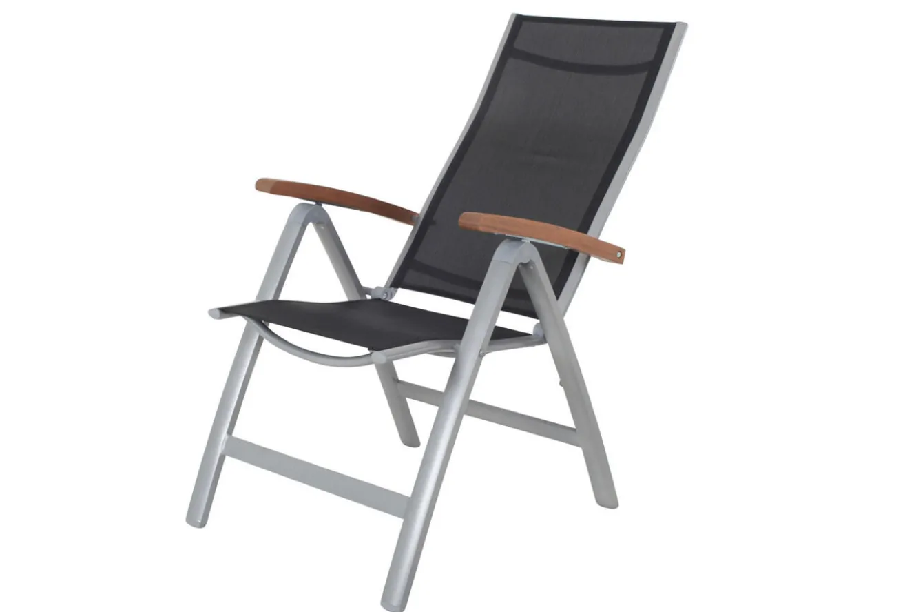 VILLANA Garten-Essgruppe, silber/schwarz, Alu / Akazie, Gartentisch 150 x 90 cm, 6 Klappstühle, FSC®-zertifiziertes Produkt