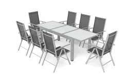 VILLANA Garten-Essgruppe, silber/schwarz, Alu/Textil, Tisch 160/220 cm, 8 Klappstühle