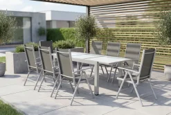 VILLANA Garten-Essgruppe, silber/schwarz, Alu/Textil, Tisch 160/220 cm, 8 Klappstühle