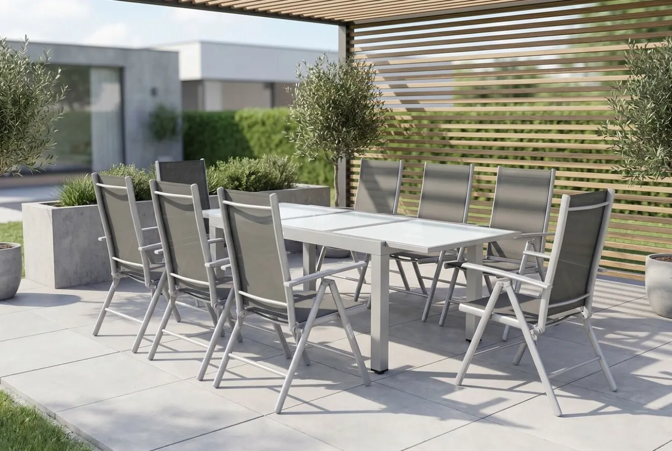 VILLANA Garten-Essgruppe, silber/schwarz, Alu/Textil, Tisch 160/220 cm, 8 Klappstühle