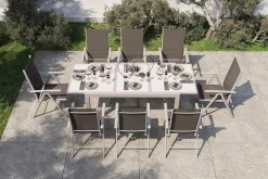 VILLANA Garten-Essgruppe, silber/schwarz, Alu/Textil, Tisch 160/220 cm, 8 Klappstühle