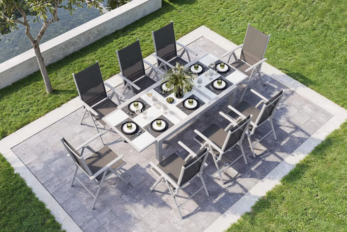 VILLANA Garten-Essgruppe, silber/schwarz, Alu/Textil, Tisch 160/220 cm, 8 Klappstühle