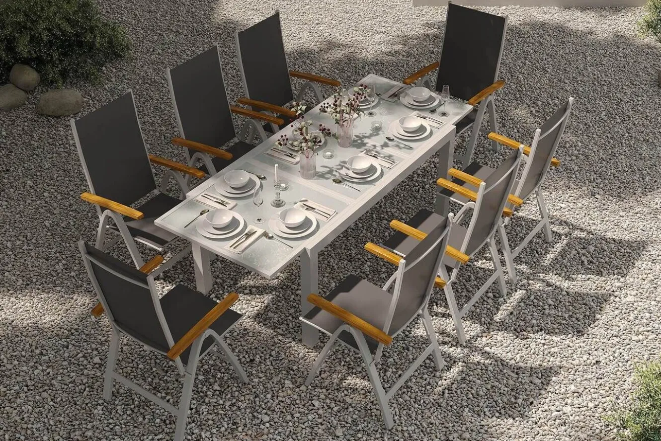 VILLANA Garten-Essgruppe, silber/anthrazit, Alu/ Eukalyptus, Ausziehtisch 160/220 x 90 cm, inkl 8 Klappstühle, FSC®-zertifiziertes Produkt
