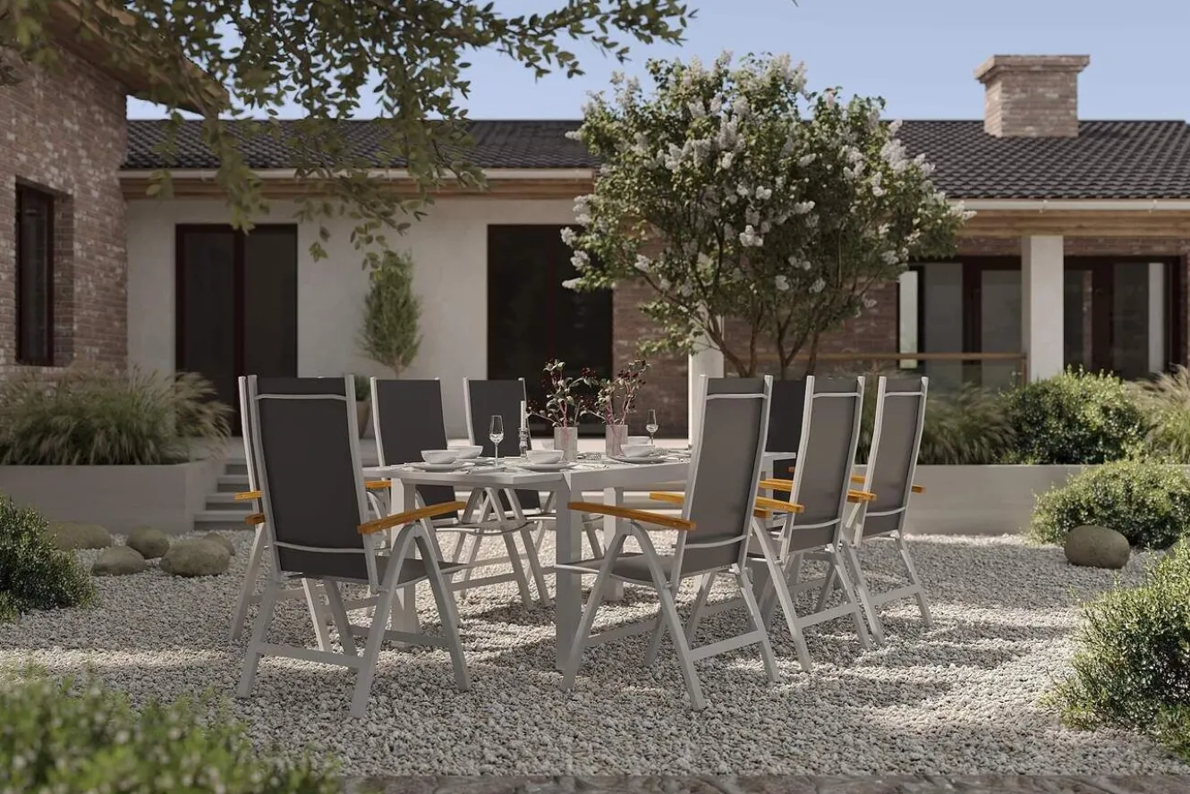 VILLANA Garten-Essgruppe, silber/anthrazit, Alu/ Eukalyptus, Ausziehtisch 160/220 x 90 cm, inkl 8 Klappstühle, FSC®-zertifiziertes Produkt