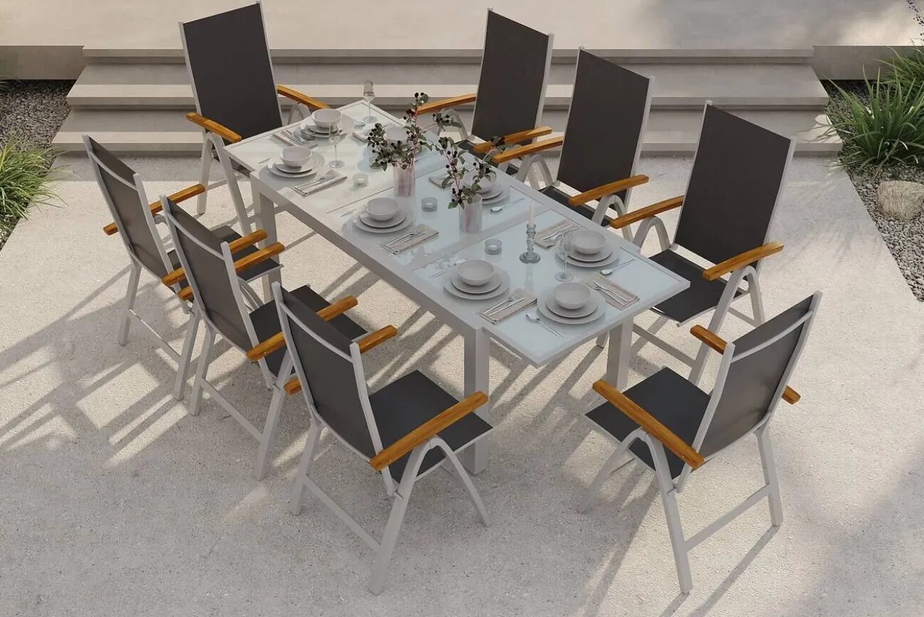 VILLANA Garten-Essgruppe, silber/anthrazit, Alu/ Eukalyptus, Ausziehtisch 160/220 x 90 cm, inkl 8 Klappstühle, FSC®-zertifiziertes Produkt