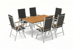 VILLANA Garten-Essgruppe, silber/natural, Alu/Eukalyptus, 150 x 90 x 74 cm, für 6 Personen, mit Fußkappen, witterungsbeständig, FSC®-zertifiziertes Produkt