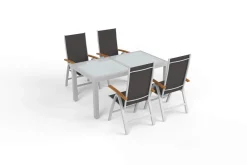 VILLANA Garten-Essgruppe, silber/anthrazit, Alu/Eukalyptus, Ausziehtisch 160/220 x 90 cm, inkl. 4 Klappstühle, FSC®-zertifiziertes Produkt