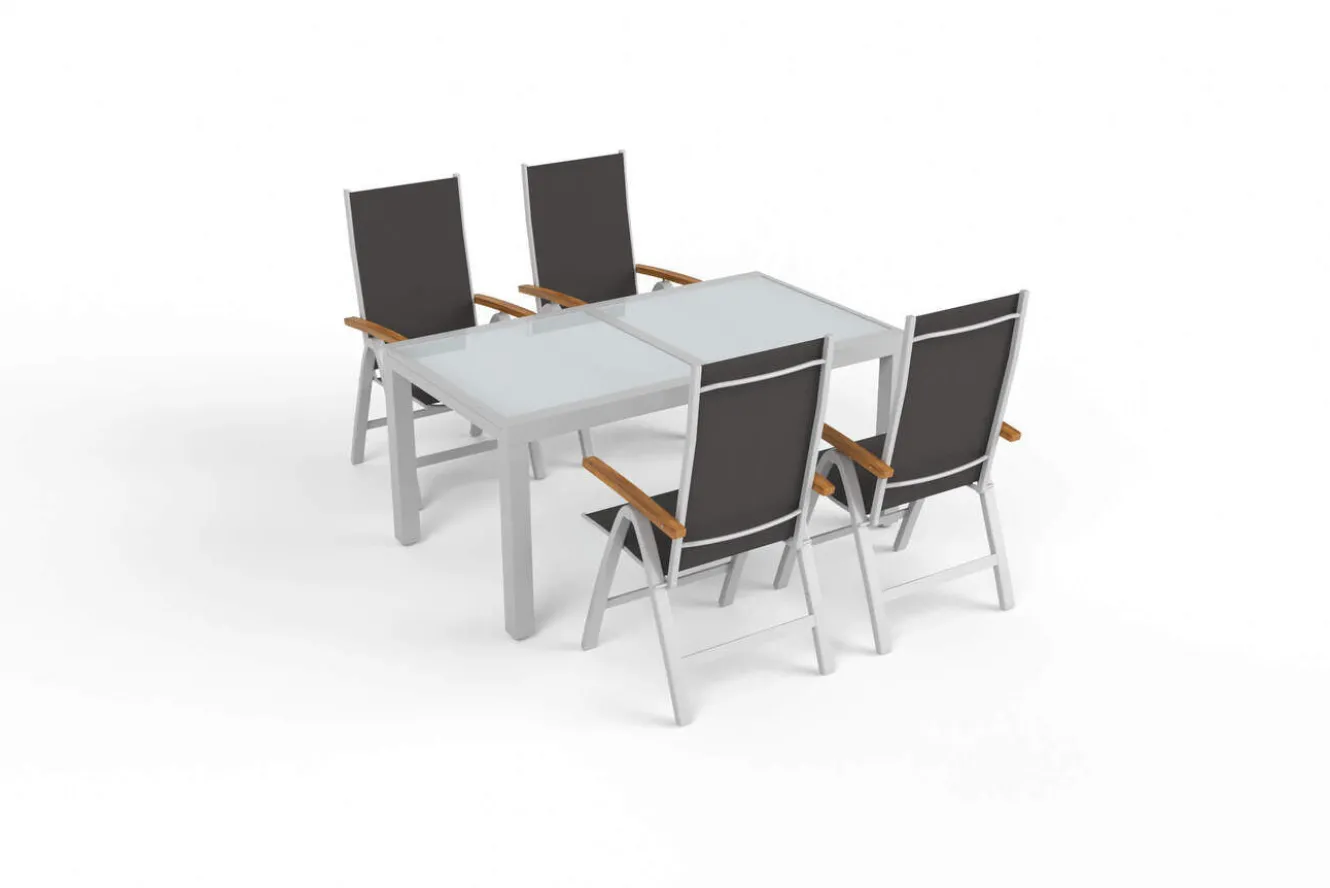 VILLANA Garten-Essgruppe, silber/anthrazit, Alu/Eukalyptus, Ausziehtisch 160/220 x 90 cm, inkl. 4 Klappstühle, FSC®-zertifiziertes Produkt