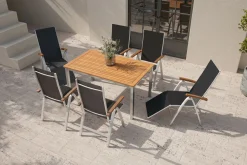 VILLANA Garten-Essgruppe, silber/natural, Alu/Eukalyptus, Tisch 150 x 90 cm, für 6 Personen, witterungsbeständig, FSC®-zertifiziertes Produkt
