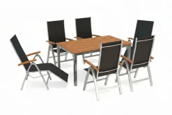 VILLANA Garten-Essgruppe, silber/natural, Alu/Eukalyptus, Tisch 150 x 90 cm, für 6 Personen, witterungsbeständig, FSC®-zertifiziertes Produkt