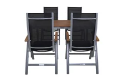 VILLANA Garten-Essgruppe, silber/schwarz, Alu / Akazie, Gartentisch 150 x 90 cm, 4 Klappstühle, FSC®-zertifiziertes Produkt